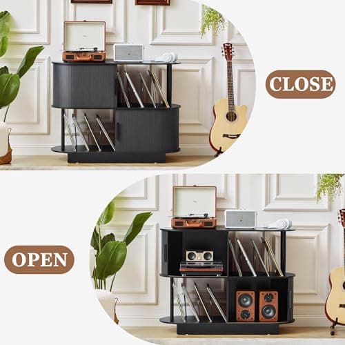 Modern Record Player Stand With Vinyl Storage, 40" Black Turntable Storage Stand with Sliding Door & Record Holder, Corner Rock Jazz BluesMusic Organize Cabinets for Living Room (Black, No-Socket) - Thumbnail 6