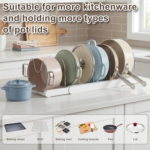 TOMSHUB Expandable Pots and Pans Organizer Under Cabinet, 7 Stainless Steel Dividers, HIPS Base, 13-22 inch Heavy Duty Pan Rack with Lid Holder, Pot Organizer Inside Cabinet for Kitchen Storage - Thumbnail 4