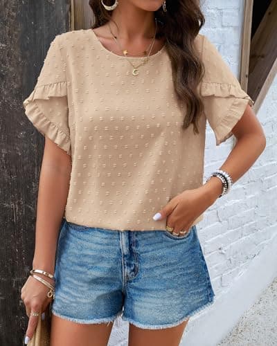 PRETTYGARDEN Women's Tops 2026 Summer Ruffle Short Sleeve Crewneck Blouses Swiss Dots Solid Loose Tunics Work Shirts(Khaki,XX-Large) - Thumbnail 5