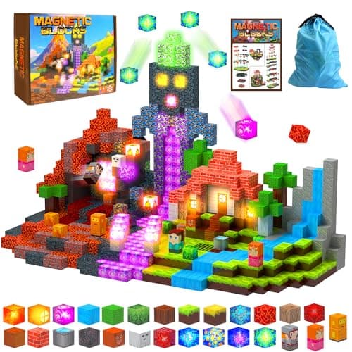 HEJIHUI 200 PCS Magnetic Building Blocks with Light Cube - STEM Educational Toys with Storage Bag for Kids 3+ (Volcano Theme) - Image 1