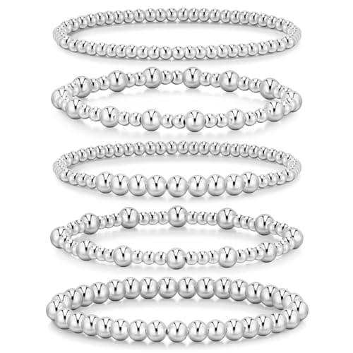 adoyi Silver Bracelets for Women Beaded Bracelet 14K Gold Plated Bracelet Stack Strand Stretch Bead Ball Bracelet Set Stackable Bracelet Adjustable Bracelet Set Jewelry for Women 6.8 inches - Image 1
