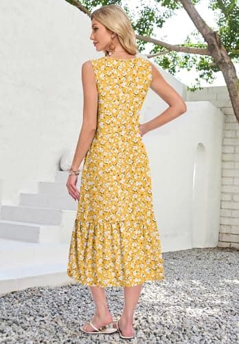 WNEEDU Beach Floral Long Dress Flowy Elegant Maxi Sleeveless Dress Soft Comfortable Cruise Vacation Holiday Dress,YE S Floral,XL - Thumbnail 3