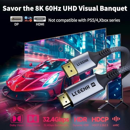 LKEENR DisplayPort to HDMI Cable (8K@60Hz, 4K@120Hz, 2K@144Hz) 3.3ft Uni-Directional DP 1.4 Source to HDMI 2.1 Display Braided Cord Supports HDCP 2.3 HDR10 Display Port for AMD, NVIDIA - Thumbnail 2