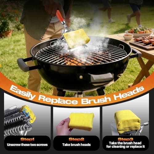 YEBLEM 3-in-1 Grill Brush and Scraper with 2 Sponges, 18" Heavy Duty Stainless Steel Bristle BBQ Cleaner, Heat Resistant Barbecue Grilling Tool, Ideal Outdoor Gift for Men & Dad (Orange) - Thumbnail 6
