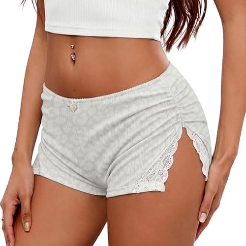 Marvmys Women's Y2K Leopard Micro Shorts Split Lace Pajama Shorts Cheeky Shorts Women Mini Lounge Shorts White Leopard M