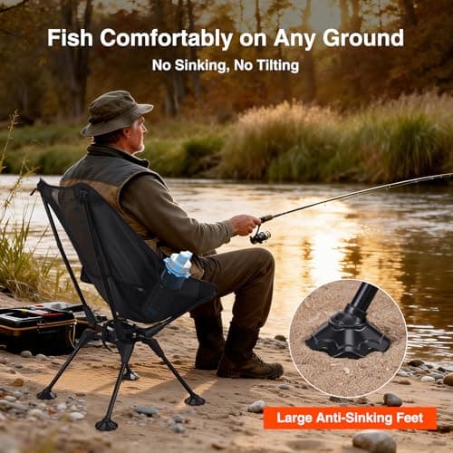 Trakiom 360° Swivel Folding Camping Chairs, Compact and Portable Chair for Outdoor Camp, Foldable Chairs with Anti-Sinking Large Feet for Travel, Beach, Picnic, Sports, Fishing Support 300 LBS(Black) - Thumbnail 6