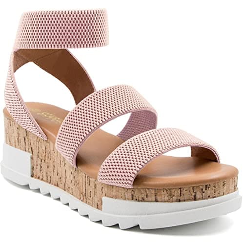 Athlefit Women's Casual Cork Platform Wedge Sandals Open Toe Elastic Ankle Strap Flatform Sandals for Summer, Blush, Size 6.5, AD00102