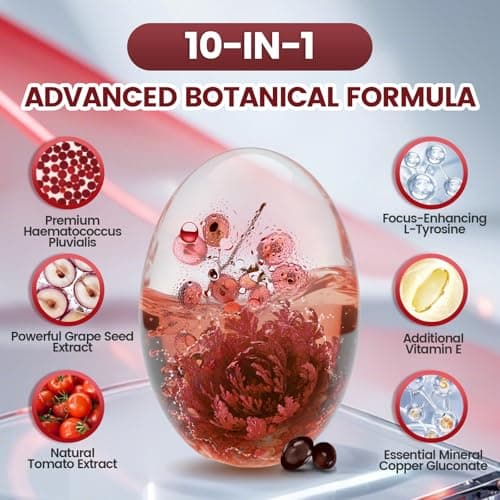 10 in 1 Astaxanthin 12mg Supplements, 4 Month Supply, Astaxantina Antioxidant from Fresh Haematococcus Pluvialis, Contains Lycopene, Grape Seed, Vitamin E, & More Supports Eye, Joints, Skin Health - Thumbnail 4
