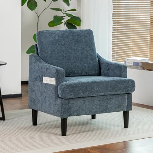 XYPFURN Accent Chair for Living Room, Mid Century Modern Reading Chair with Side Storage Pocket, Comfy Upholstered Armchair with Solid Wood Legs for Bedroom, Office, Waiting Room (Navy) - Image 1