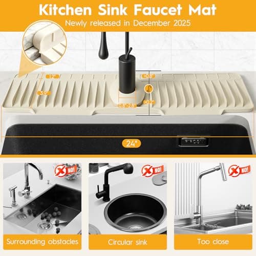24" Silicone Faucet Mat for Kitchen Sink Released in 2025/12TH,8° Slope Fast Self-draining-Kitchen Sink Splash Guard,Bathroom Kitchen Sink Area Water Splash Guard Behind Faucet Draining Mat Beige - Thumbnail 2