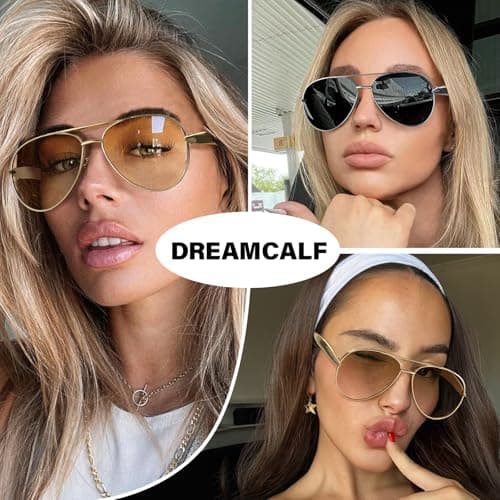 DreamCalf 2 Pack Gold Aviator Sunglasses for Women Polarized Trendy Designer Sun Glasses Metal Temples 2025 Fashion Shades - Thumbnail 2