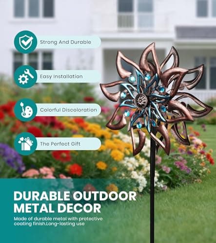 VUFOZ 360° Garden Wind Spinner for Outdoor Yard Art – W13xH64 Kinetic Windmill for Garden, Lawn, and Patio – Dahlia-Inspired Copper and Teal Wind Spinners Outdoor Decorative Yard Art - Thumbnail 5
