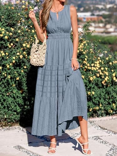 BTFBM Summer Dresses for Women 2026 Sleeveless Boho V Neck A Line Flowy Spring Casual Maxi Dress Beach Vacation Pockets(Blue Grey, XX-Large) - Thumbnail 6
