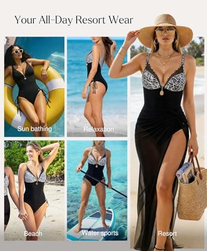 Popilush Tummy Control Swimsuits for Women - One Piece Shapewear Bathing Suit with Built-in Bra Mesh Slimming Swimsuit Leopard Black - Thumbnail 6
