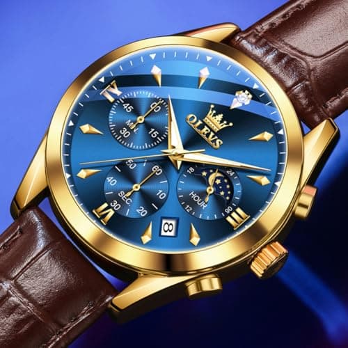 OLEVS Gold Watches for Men Brown Leather Mens Watches Dress Big Face Blue Mens Wrist Watch Luxury Chronograph Analog Quartz Waterproof Luminous Date Moon Phase Diamond Vintage Relojes para Hombres - Thumbnail 4