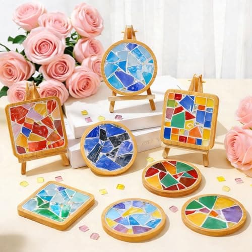 GHAHILI 2 Sets DIY Mosaic Kits for Adults Glass Mosaic Tiles for Crafts with Wooden Coasters for Women Mixed Color Mosaic Art Kit Craft Coaster Handmade Making Kit Set for Home Decor Gifts - Thumbnail 2