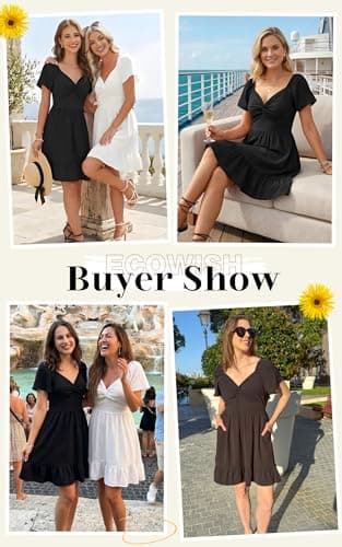 ECOWISH Twist Front Mini Summer Dresses for Women Short Flutter Sleeve Casual Flowy V Neck Tie Back A Line Dress with Pockets 01Black Medium - Thumbnail 4