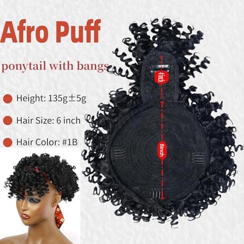 Servintha Afro Puff Drawstring Ponytail Extension for Black Women Kinky Curly Drawstring Ponytail with Bangs Natural Black Short Pony Tail Hair Extension Synthetic Fake Hair Pieces 1B Color - Thumbnail 3