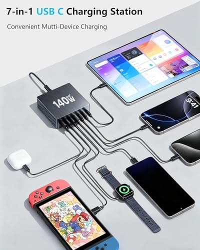 USB C Charging Station, 140W GaN III 7 Port Fast Charger Station, PD 3.0 USB Charging Station for Multiple Devices, USB Charging Hub, Multiple USB C Charger Station for iPad iPhone Samsung Android - Thumbnail 3