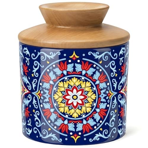 Butter Dish with Wooden Lid,Samseel Bohemian Butter Crock for Countertop Storage, Vintage Ceramic Butter Keeper Container for Spreadable,Butter Holder for Counter Kitchen Decor - Image 1