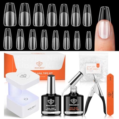 modelones X Nail Gel Kit Medium Coffin, Upgrade 510Pcs Fake Nails, 9-in-One Glue Prep Dehydrator & Portable Mini U V Light Acrylic Clipper, Coffin Tips Extension Kit for DIY Salon Home Gifts