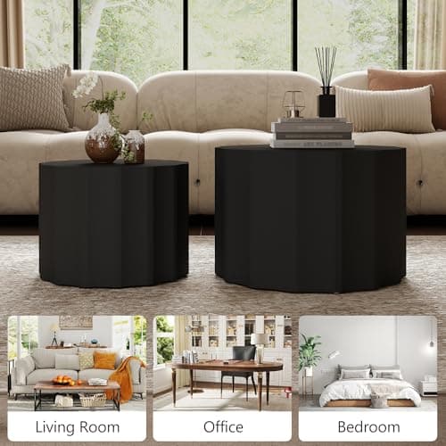 Furnivado Nesting Coffee Table Set of 2, Modern Round Coffee Table with Non-Slip Feet, Wooden Circle Accent Tables for Small Spaces, Side End Table for Living Room, Bedroom, Balcony, Office, Black - Thumbnail 5
