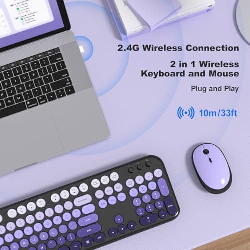 Dilter Wireless Keyboard Mouse Combo, Typewriter Full Size Keyboard and 2 in 1 USB Connected Mouse for Windows 7/8/10, Laptop, Desktop, PC, Computer (Black Purple) - Thumbnail 2