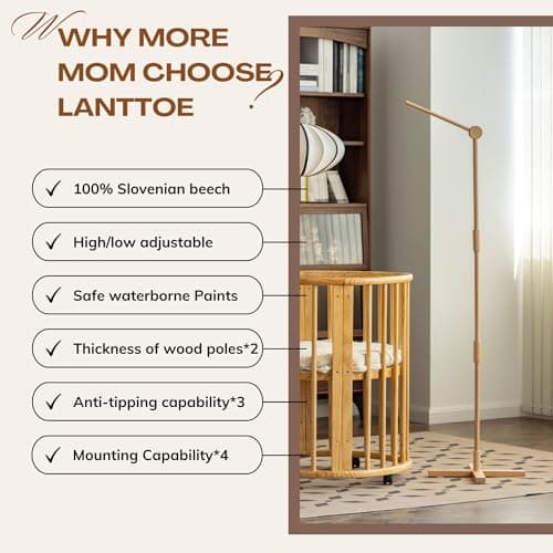 Lanttoe Crib Mobile Arm Wooden Floorstanding - 61 Inches Mobile Arm for Crib|Movable Baby Mobile Hanger|Strong Anti-Dumping Attachment|100% Natural EU Beech Wood|Thicker Wooden Pole|Boho Nursery Decor - Thumbnail 2