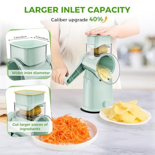 YSEPOZ 7 IN 1 Upgraded Rotary Cheese Grater with Handle – Vegetable Shredder with Built-in Storage Blade Slot, 5 Versatile Blades, Strong Suction Base Round Mandoline Slicer, Food Chopper for Kitchen - Thumbnail 4