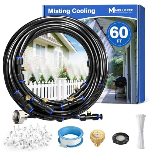 Mellbree Misters for Outside Patio 60FT/18M, Pre-Assembled Misting Cooling System with 19 Brass Nozzles & 3/4" Adapter, Outdoor Mister for Garden, Backyard, Pool, Greenhouse, Play Area, Trampoline