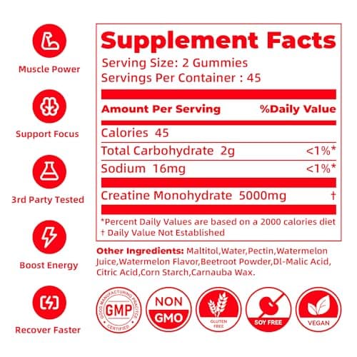 NSF Certified Creatine Monohydrate Gummies for Men & Women, 5g Creatine per Serving,Creatine Gummy for Muscle Strength, Energy & Performance Support, Pre Workout Supplement,Watermelon Flavor,90 Count - Thumbnail 6
