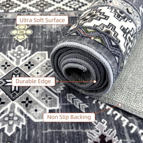 Boho Washable Area Rug 5x7, Large Soft Rugs for Living Room Farmhouse Vintage Grey Carpet 5x7 Area Rugs for Bedroom Dining Room Non-Slip Stain Resistant Under Table Rug - Thumbnail 6