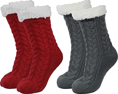 BenSorts Warm Slipper Socks for Women Plush Socks With Grips Grippers Non Slip Sleep House Socks Soft Thick Mothers Holiday Gift Grey Red 2 Pairs - Image 1