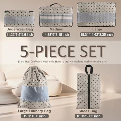 U+U 5 Set Packing Cubes for Travel Essentials Ultralight Luggage Packing Organizers with Laundry Bag and Shoe Bag for Vacation, Business Trip and Camping (Brown Polka Dot) - Thumbnail 3