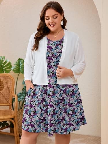 AusLook Plus Size Midi Dress for Women Sleeveless Crew Neck Summer Casual Floral Loose Flowy 2026 Tricolor Blossoms 2X Tank Sundress Beach Vacation Dress with Pockets - Thumbnail 4