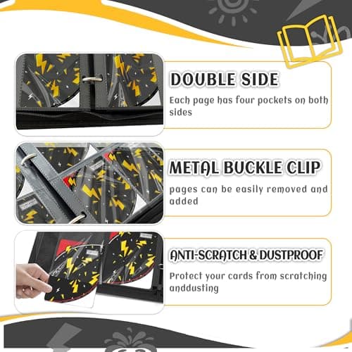 Trading Card Binder 4 Pocket,Card Binder 400 Pockets,Card Book Holder Cards with 50 Removable Sleeves,3-Ring Zip Design MTG/TCG/Sport Collectible Trading Card Albums Gifts for Boys and Girls (Black) - Thumbnail 5