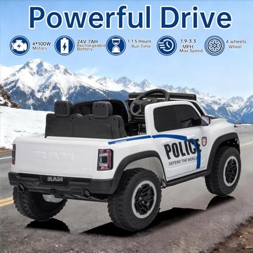 Police Car 24V Ride on Toys for Kids, 2 Seater Ride on Car for Kids Remote Control Kids Electric Cars Kids Driving Car with Bluetooth, Power of Wheel Car for Kids Truck for All Types of Road - Thumbnail 4