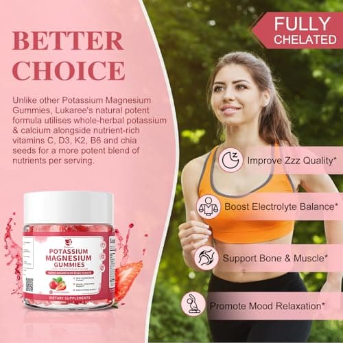 Lukaree Magnesium Potassium Supplement Gummies - New Formula Calm Magnesium Bisglycinate Gummies & Plant Potassium Plus Chia Seeds, B6, D3, K2 & Calcium for Sleep, Leg Cramps & Muscle -Vegan,60 Count - Thumbnail 5