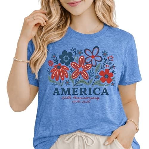 Women's 4th of July Shirts America 250th Anniversary T-Shirt Patriotic Floral Graphic Tee Casual Summer Top Blue - Image 1