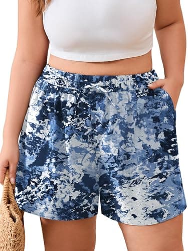 AusLook Plus Size Summer Shorts for Women Wide Leg Elastic Waist Beach Vacation Lounge 2026 Tie Dyeing Blue 5X Shorts with Deep Pockets