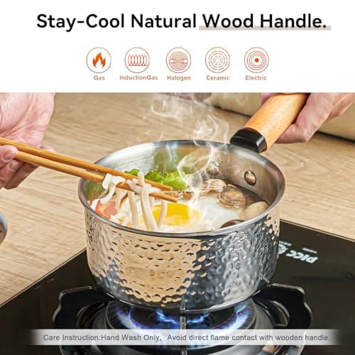 Boryenty Tri-Ply Stainless Steel Saucepan with Lid, 1.8 Quart - Heavy-Gauge Hammered Exterior, Smooth Interior Milk Pot. Induction Ready Cookware for Ramen, Sauces, Noodles. Stay-Cool Wood Handle - Thumbnail 5