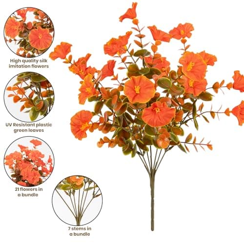 Nigirior Artificial Fake Mums for Outdoor 16 Bundles Fall Orange Morning Glory for Halloween Decorations - Thumbnail 3
