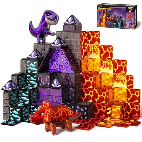 GobiDex Dinosaur Toys Magnetic Tiles Lava Cave Dinosaur World Set - Magnetic Building Blocks for Kids 3-5 5-7 Girls Boys Toys Age 4-6 6-8, STEM Sensory Toddler Birthday Gifts for 3+ Year Old Kids Toy
