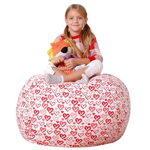 Aubliss Stuffed Animal Bean Bag Storage Chair, Beanbag Covers Only for Organizing Plush Toys, Turns into Bean Bag Seat for Kids When Filled, Medium 32"-Canvas Pattern Heart
