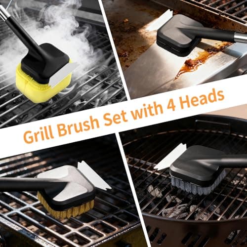 SHAOKAOLU 5 Pcs Bristle Free Grill Brush, Grill Cleaning Kit 20.47" Long Handle & Scraper & Replaceable Heads, Safe Grill Brush for Outdoor Grill for Any Grates Type, Grilling Gifts for Men Dad - Thumbnail 4