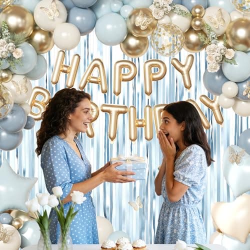 Blue Birthday Decorations, Dusty Light blue Sand White Gold Confetti Foil Balloons Happy Birthday Banner Gold Butterfly Fringe Curtains, Dusty Blue Birthday Decorations for Girls Women - Thumbnail 6