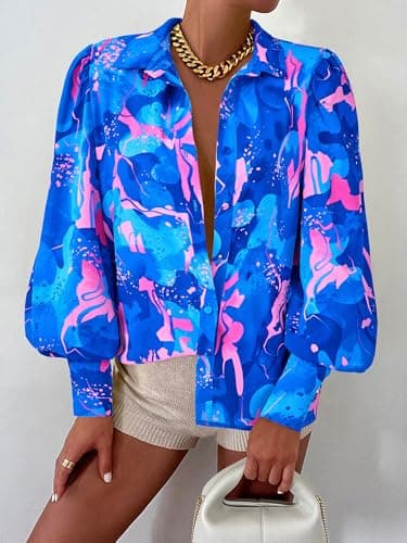 BTFBM Summer Blouses for Women Dressy Casual 2026 Long Sleeve Button Down Shirt V Neck Boho Spring Tops Fashion Clothing(Floral Blue Pink, Medium) - Thumbnail 2