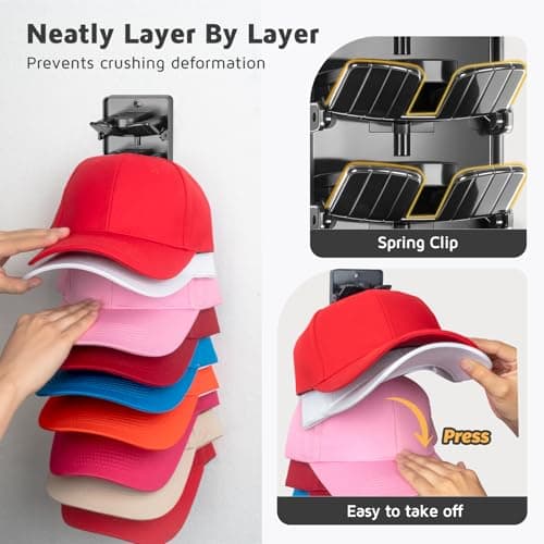 Accevo Spring Clip Hat Organizer Hold Storage 20 Caps for Baseball Caps (2-Pack), Hat Holder with Strong Adhesive and 8 Pack Screws, Hat Storage Display Holder for Closet Door and Wall - Thumbnail 3