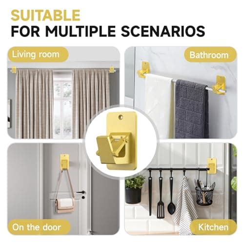 Universal Curtain Rod Holders, No Drill Curtain Rod Brackets, Self Adhesive Curtain Rod Brackets Up to 30 LB, Nail Free Curtain Rod Hooks for Bathroom, Bedroom, Livingroom, Kitchen (4PC, Gold) - Thumbnail 6