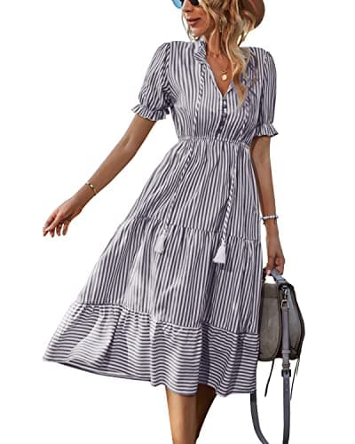 Sexyasasii Women's Midi Dress Summer Short Sleeve Casual Tie Neck High Waist Dress Striped Print Dresses(BlackStripe,L) - Image 1